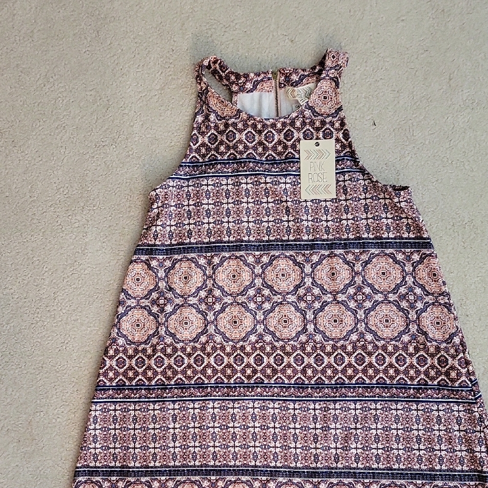 Pink Rose Geometric Pattern Dress - Pink and Black